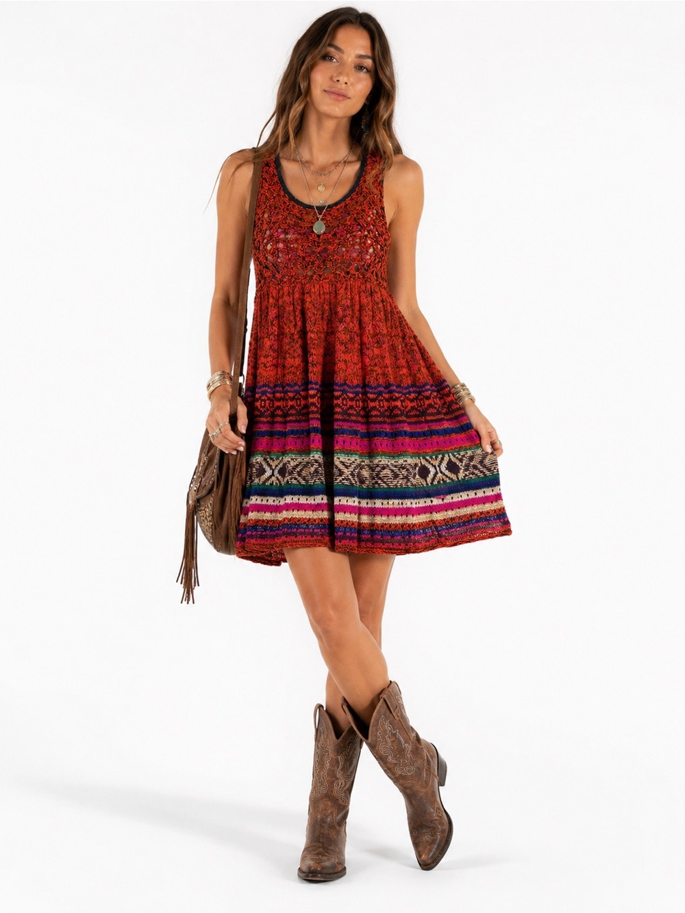 NWT Free People Knit Crochet Southwest Mini Dress Boho (Multicolor) Size Large